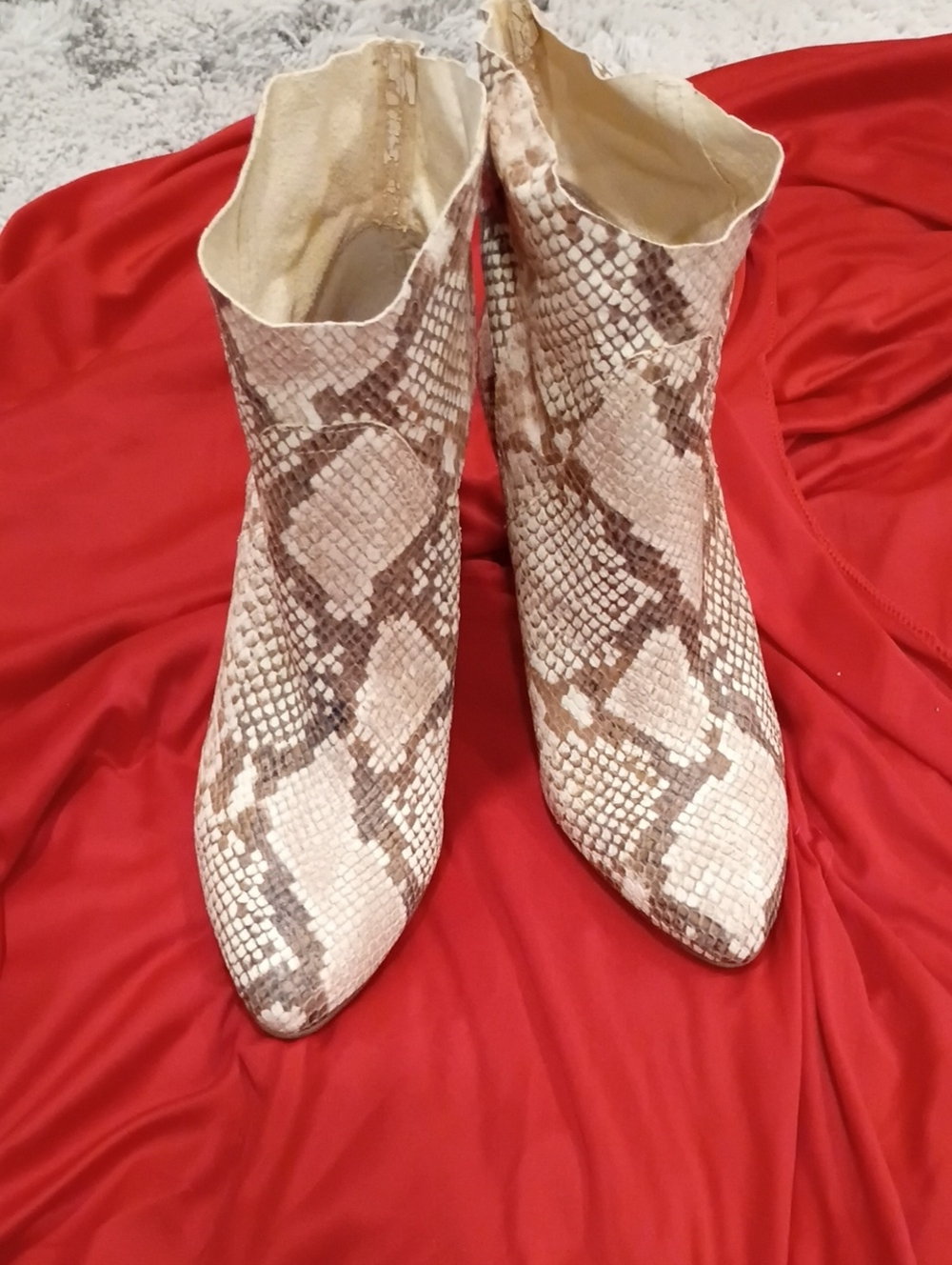 Vince Camuto Cream and Brown Snake-Print Pointed Ankle Booties
